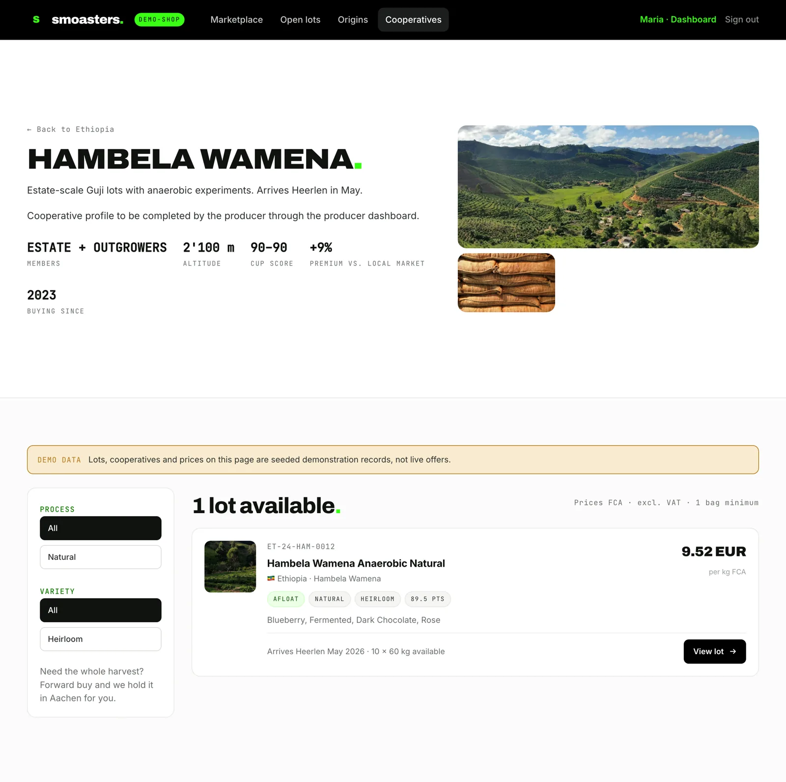 A cooperative page in the shop: Hambela Wamena, demo data