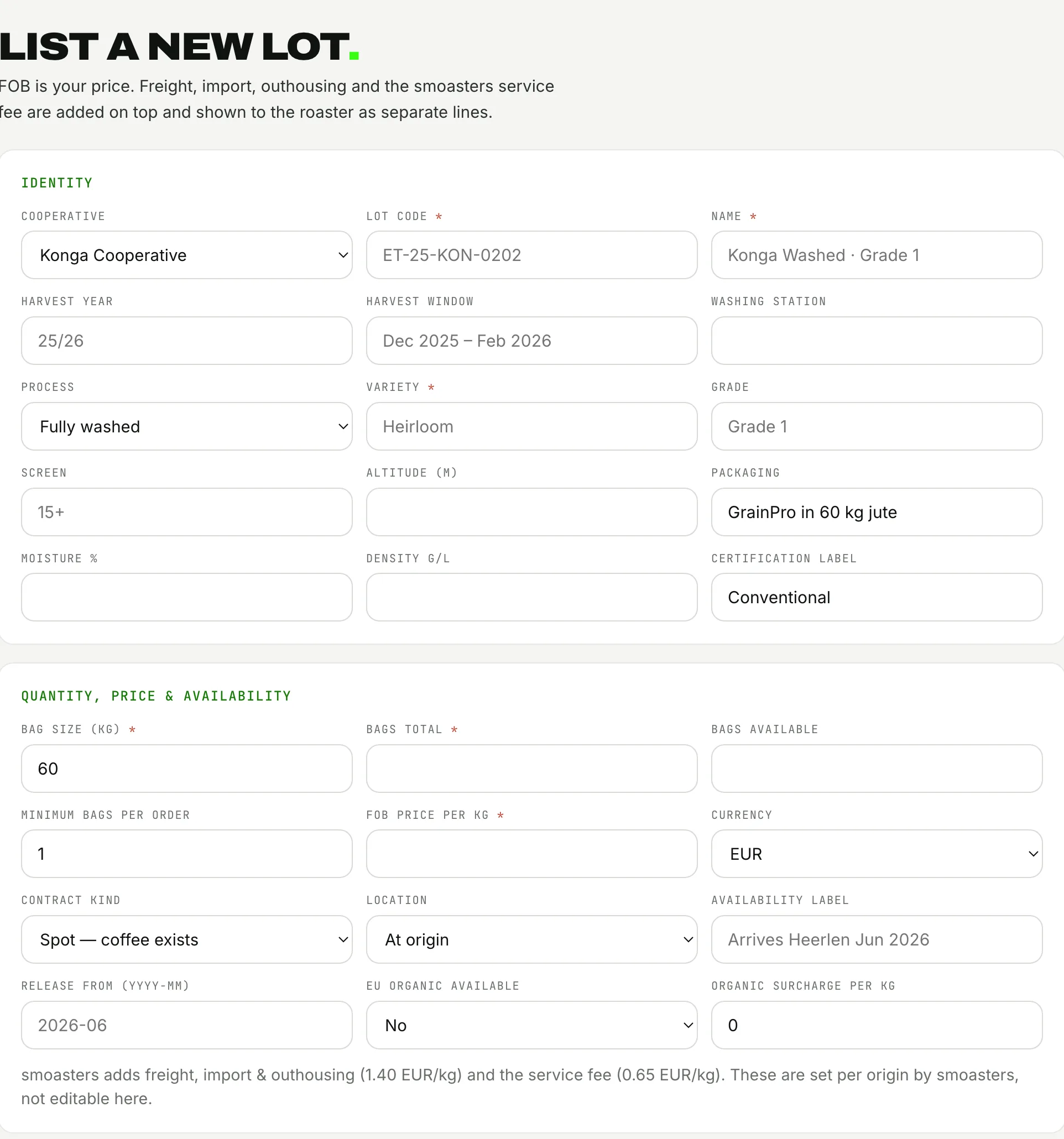 The lot form in the producer dashboard: identity, tags, quantity and price