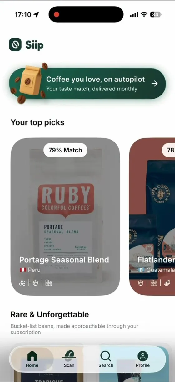The siip app showing coffee matches
